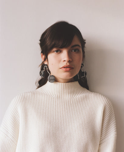 The REVA earrings, from the collection Edition 08 made in collaboration with Birgit Toke Tauka Frietman. Ethically handmade in London using recycled silver and pressed horn.