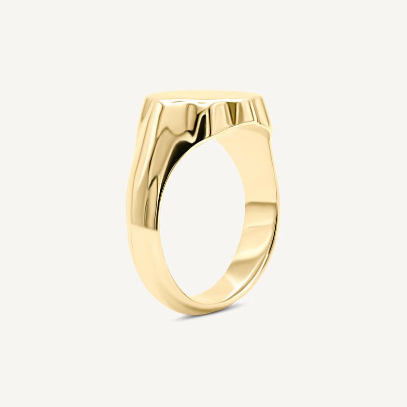 Floral flower signet ring made from solid 14ct yellow gold. Customisable with engraving or adding gemstones. Handmade in South London using 100% recycled precious metal.