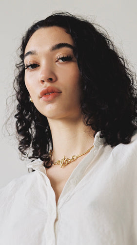 Chunky gold Martha T bar necklace with bobble detail and interlinking chain | statement jewellery where roughness and refinement coexist | rings, bracelets, earrings, necklaces, hairslides and bespoke fine jewellery all handcrafted in London from 100% recycled silver and gold plate