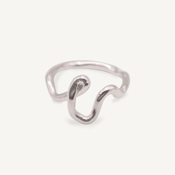 Playful silver line drawing stacking ring with organic textured silver finish ethically handmade in London from recycled silver by Robyn Smith for Folde Jewellery