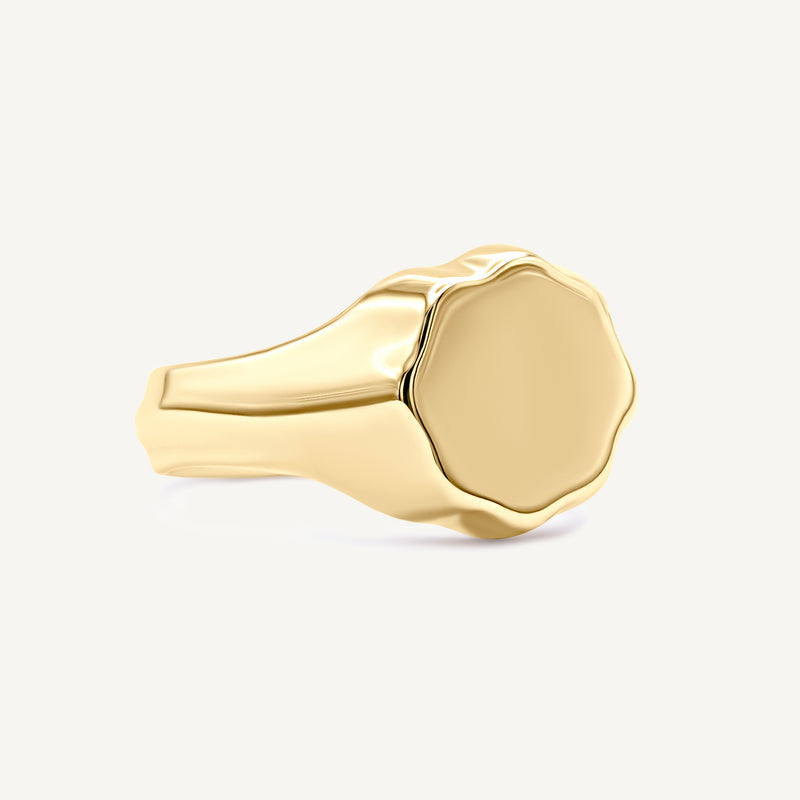 Floral flower signet ring made from solid 14ct yellow gold. Customisable with engraving or adding gemstones. Handmade in South London using 100% recycled precious metal.