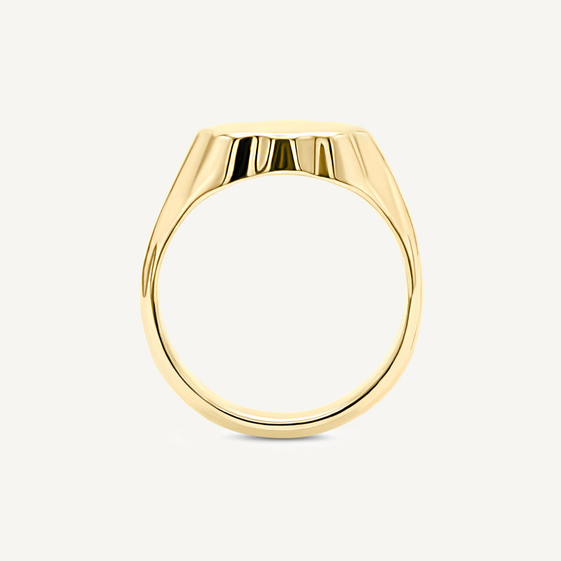 Floral flower signet ring made from solid 14ct yellow gold. Customisable with engraving or adding gemstones. Handmade in South London using 100% recycled precious metal.