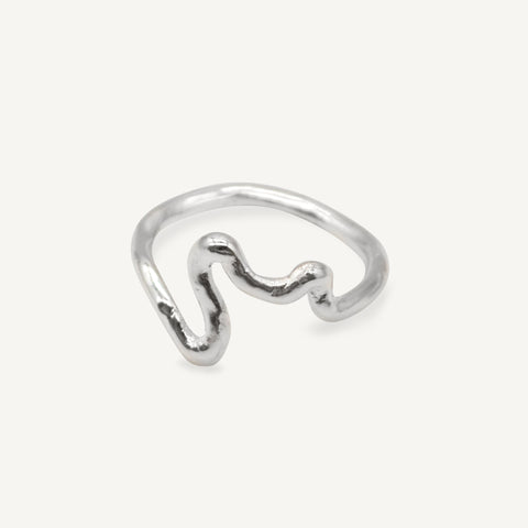 Playful silver line drawing stacking ring with organic textured silver finish ethically handmade in London from recycled silver by Robyn Smith for Folde Jewellery
